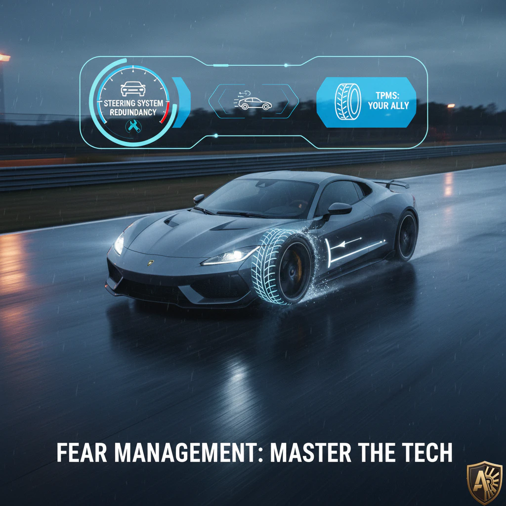 Sports car on wet track showcasing advanced tech: Steering Redundancy and TPMS. Text: Fear Management: Master the Tech.