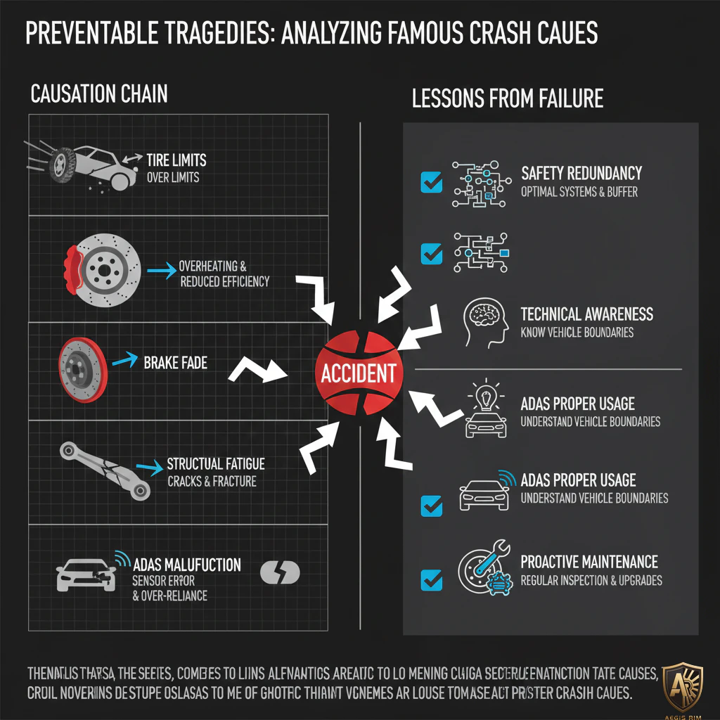 A diagram showing various technical failures like tire limits and brake fade leading to a car accident, and the resulting lessons on safety redundancy, technical awareness, and ADAS proper usage.
