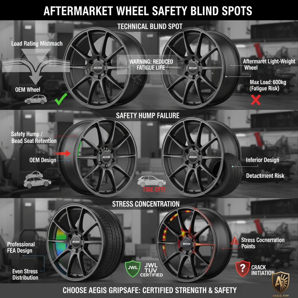 Engineering analysis diagram showing custom rim load mismatch scenarios and resulting safety failure modes
