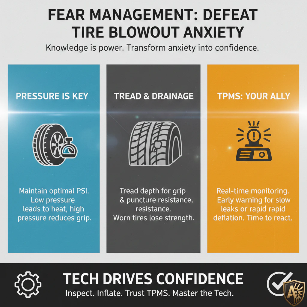 Infographic on managing tire blowout anxiety: pressure, tread, drainage, and TPMS monitoring for confident driving