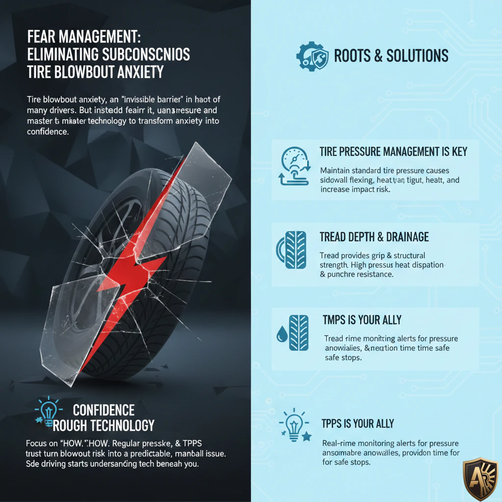 Infographic on tire blowout anxiety, highlighting technology for pressure management, tread depth, and TPMS benefits.