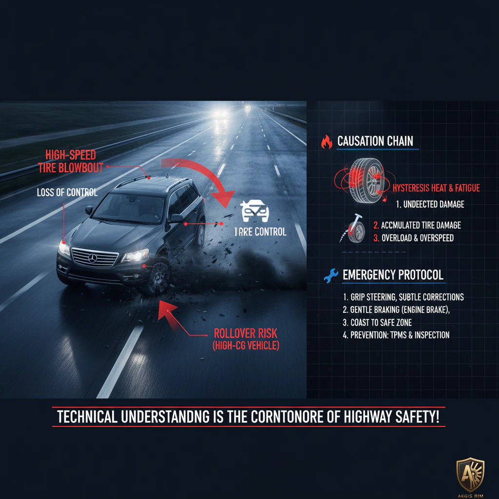 Emergency protocol for tire failure showing safety procedures and prevention measures