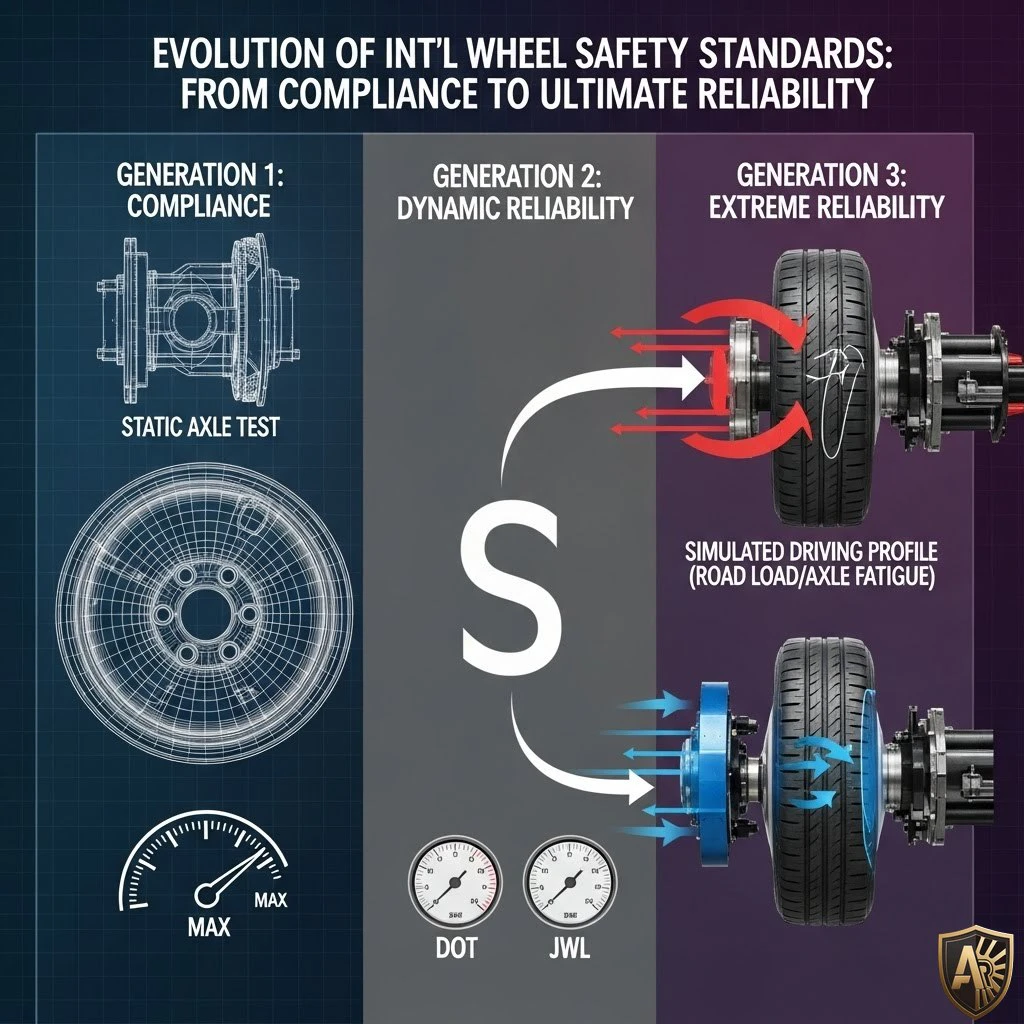 An infographic illustrating the three generations of international wheel safety standards, showing the progression from static axle tests to dynamic fatigue testing and finally to simulated driving profiles for extreme reliability.