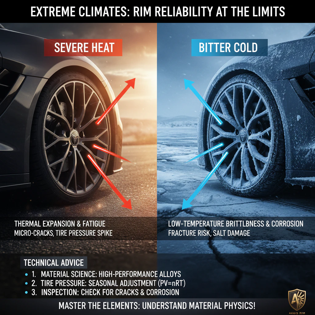 Comparison infographic showing wheel rim performance in extreme heat and cold conditions