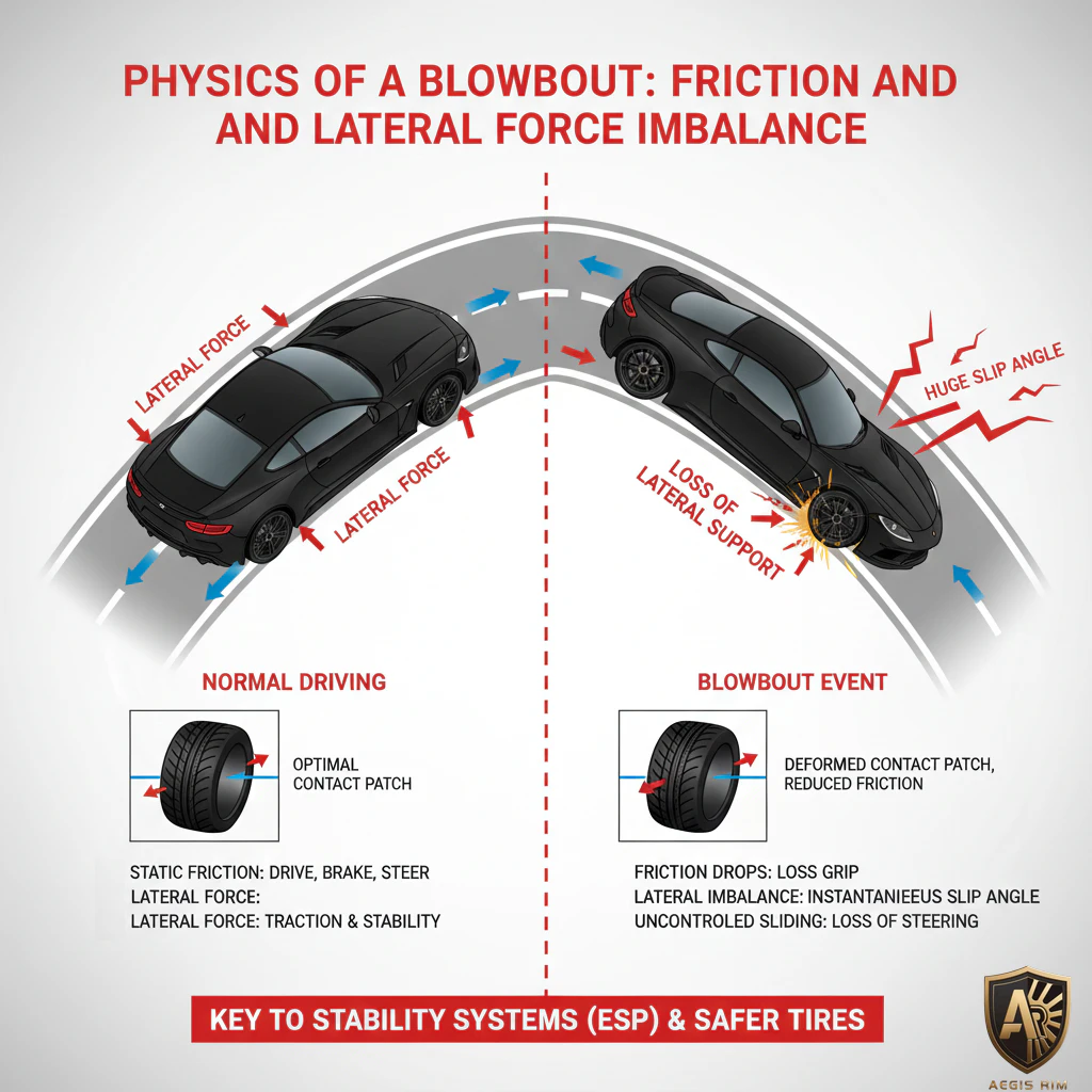 Friction and lateral force imbalance diagram explaining tire dynamics during uneven load