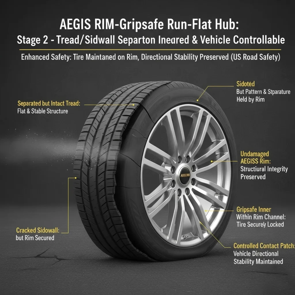 Visual representation of a deflated tire secured by the Gripsafe inner channel, demonstrating controlled contact patch and preserved directional stability
