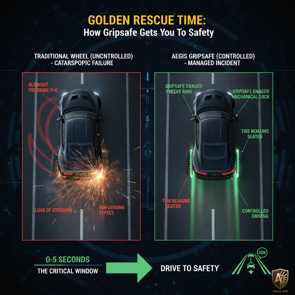 Illustration of the critical safety drive window enabled by GripSafe after blowout