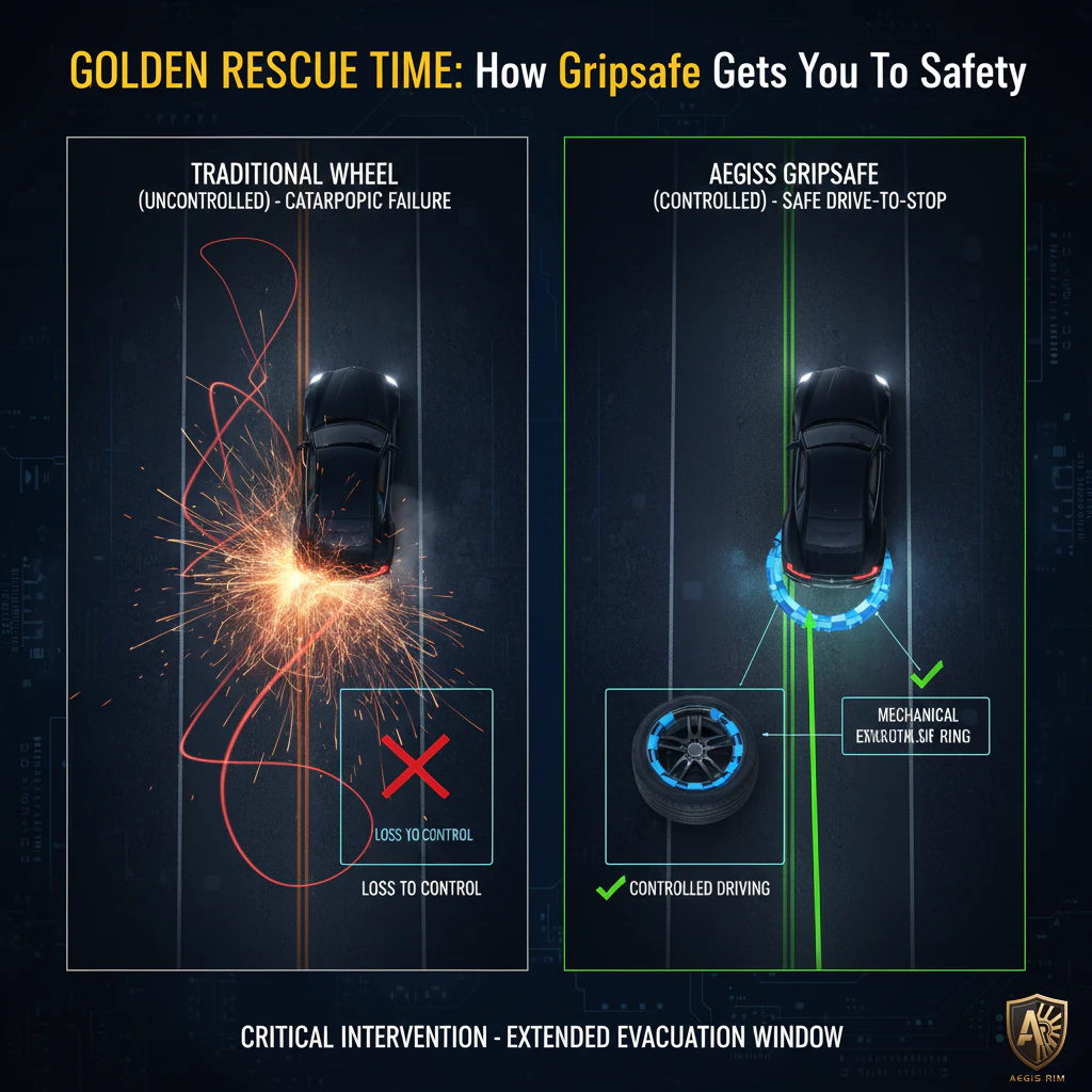 Diagram of GripSafe mechanical bead lock providing consistent support during blowout