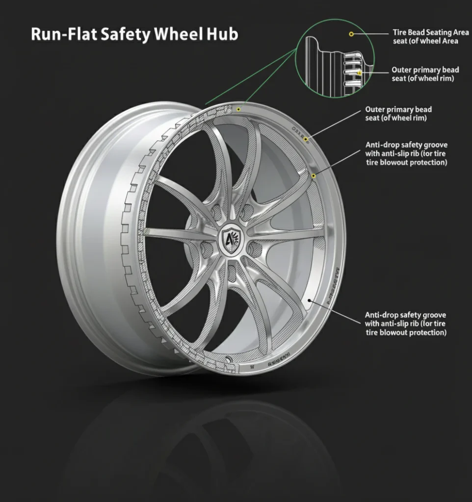 Gripsafe run-flat safety wheel with labeled components