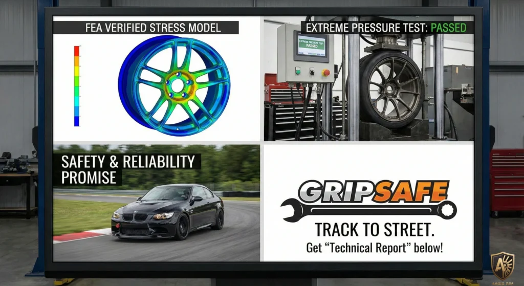 Composite image showing the FEA stress distribution model, the physical wheel under extreme pressure testing, a safety promise for track-to-street use, and the Gripsafe logo.