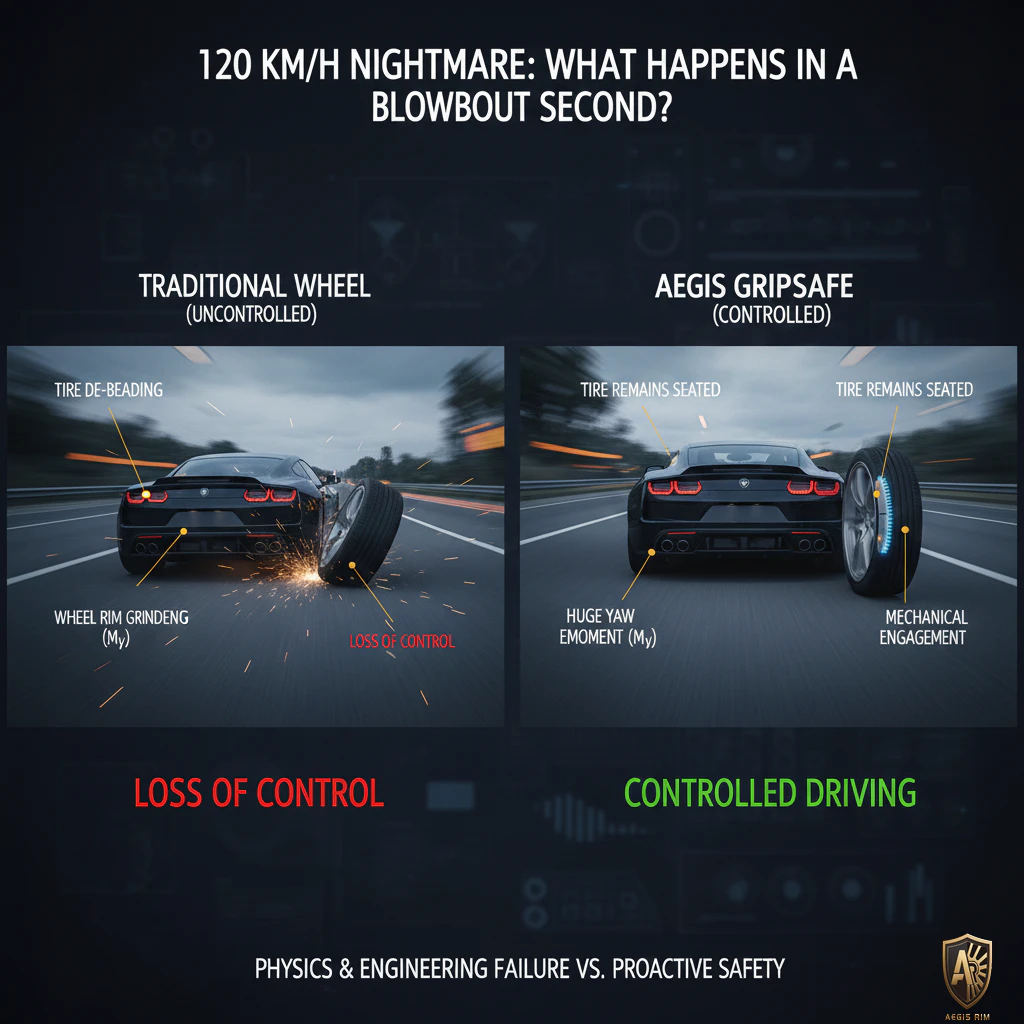 High-speed tire blowout comparison showing traditional wheel failure versus AEGIS GripSafe controlled response at 120 km/h
