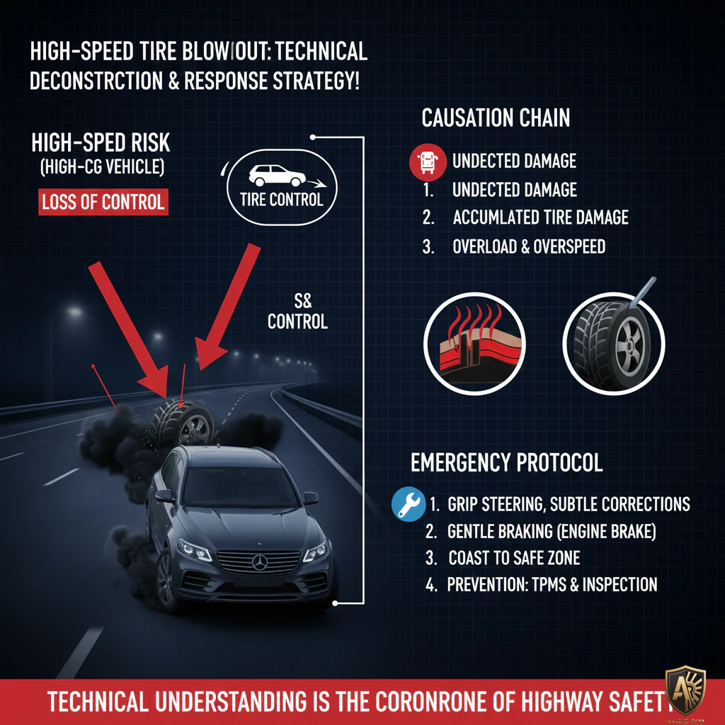 High-speed tire blowout deconstruction showing material failure and debris