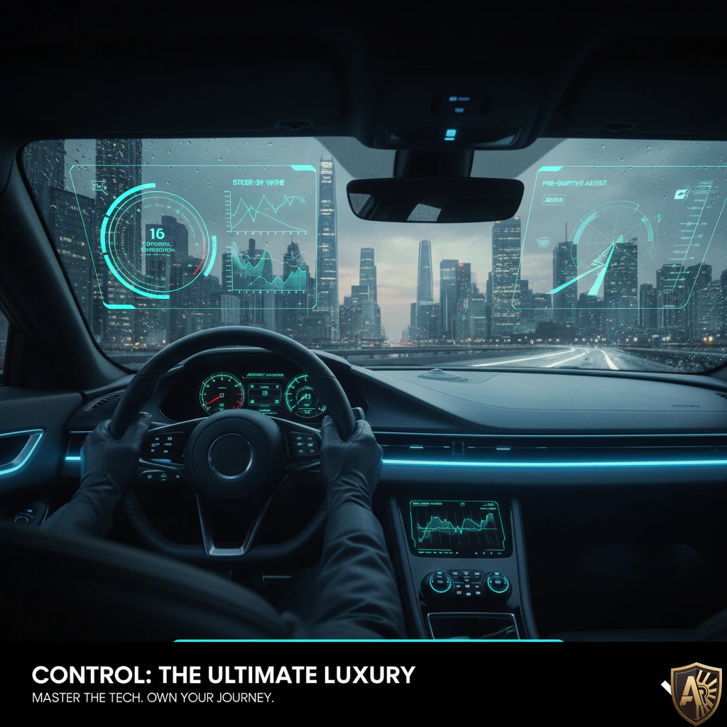 Futuristic car dashboard with HUD and cityscape view, emphasizing luxury and advanced technology