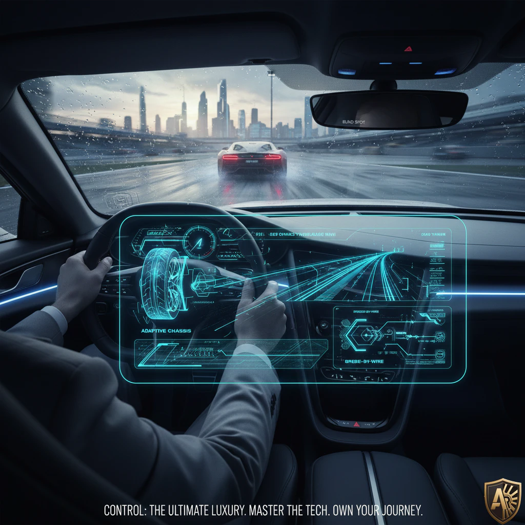 Futuristic car dashboard with holographic controls on a rainy highway, showcasing advanced driving technology