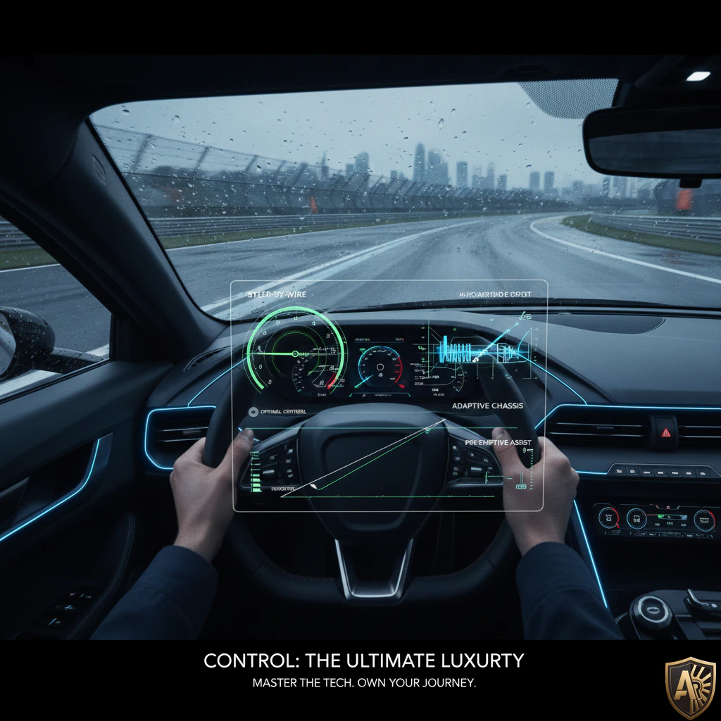 Futuristic car dashboard display on a rainy day, emphasizing advanced control and luxury driving experience
