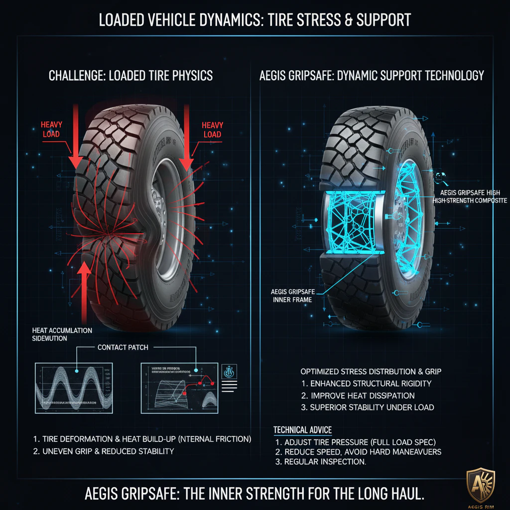 An illustration showing a cross-section of a heavily loaded tire, depicting severe sidewall deformation, uneven contact patch stress, and significant heat accumulation in the sidewall due to internal friction.