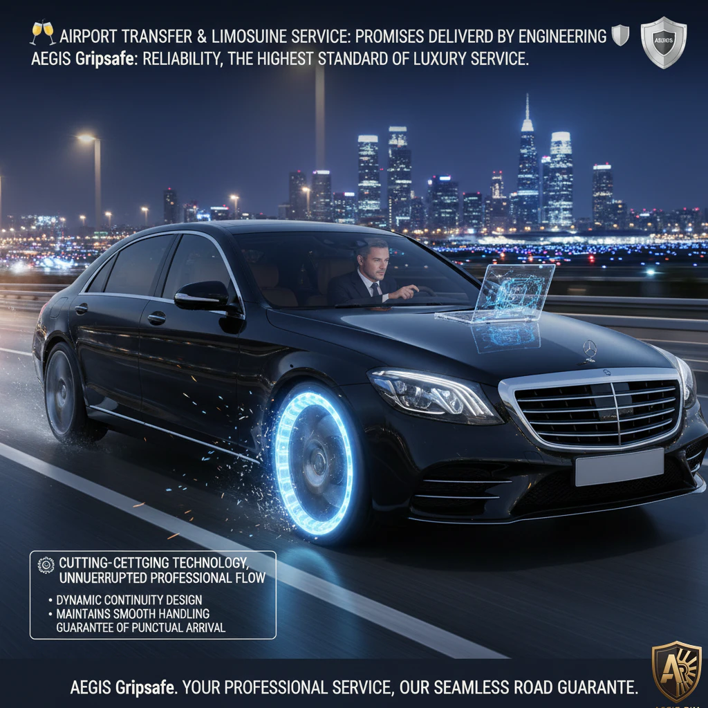Luxury black car with futuristic glowing wheels driving on city highway at night, showcasing AEGIS Gripsafe technology for concierge service