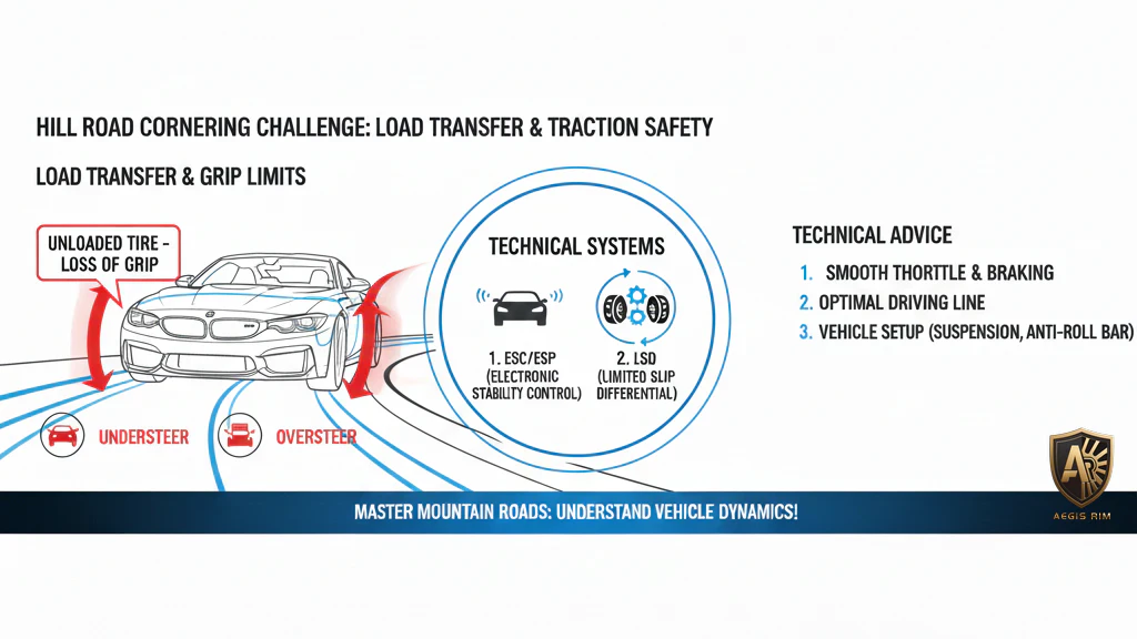 An illustration showing a white sports car cornering on a mountain road, demonstrating load transfer, the concept of an unloaded tire with loss of grip, and the resulting understeer or oversteer.
