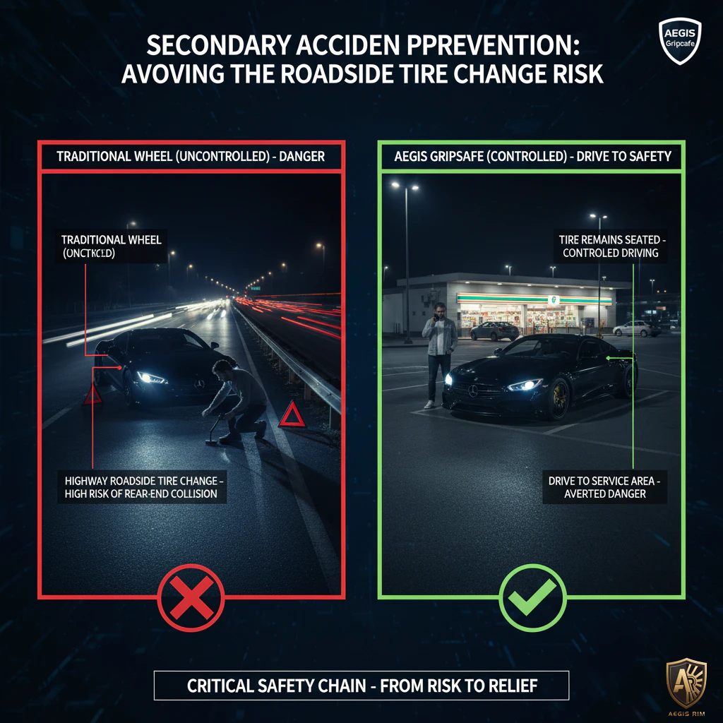 Nighttime roadside tire change danger compared to GripSafe controlled safety solution