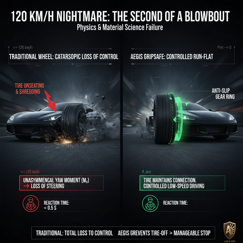 An infographic detailing the physics of a tire blowout at 120 km/h on the left, showing tire unseating and loss of steering, and on the right, how AEGIS Gripsafe's anti-slip gear ring prevents tire de-beading for controlled driving.