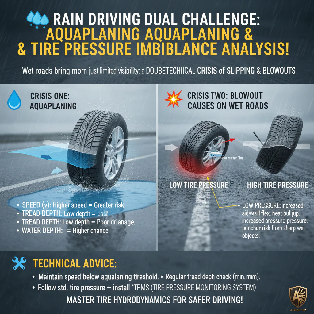 Diagram showing the effects of incorrect tire pressure on wet road driving safety