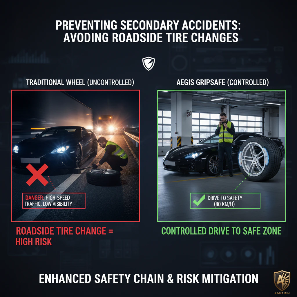 A split image showing the danger of changing a tire on a dark highway at night versus a controlled drive to a well-lit garage with AEGIS Gripsafe technology.