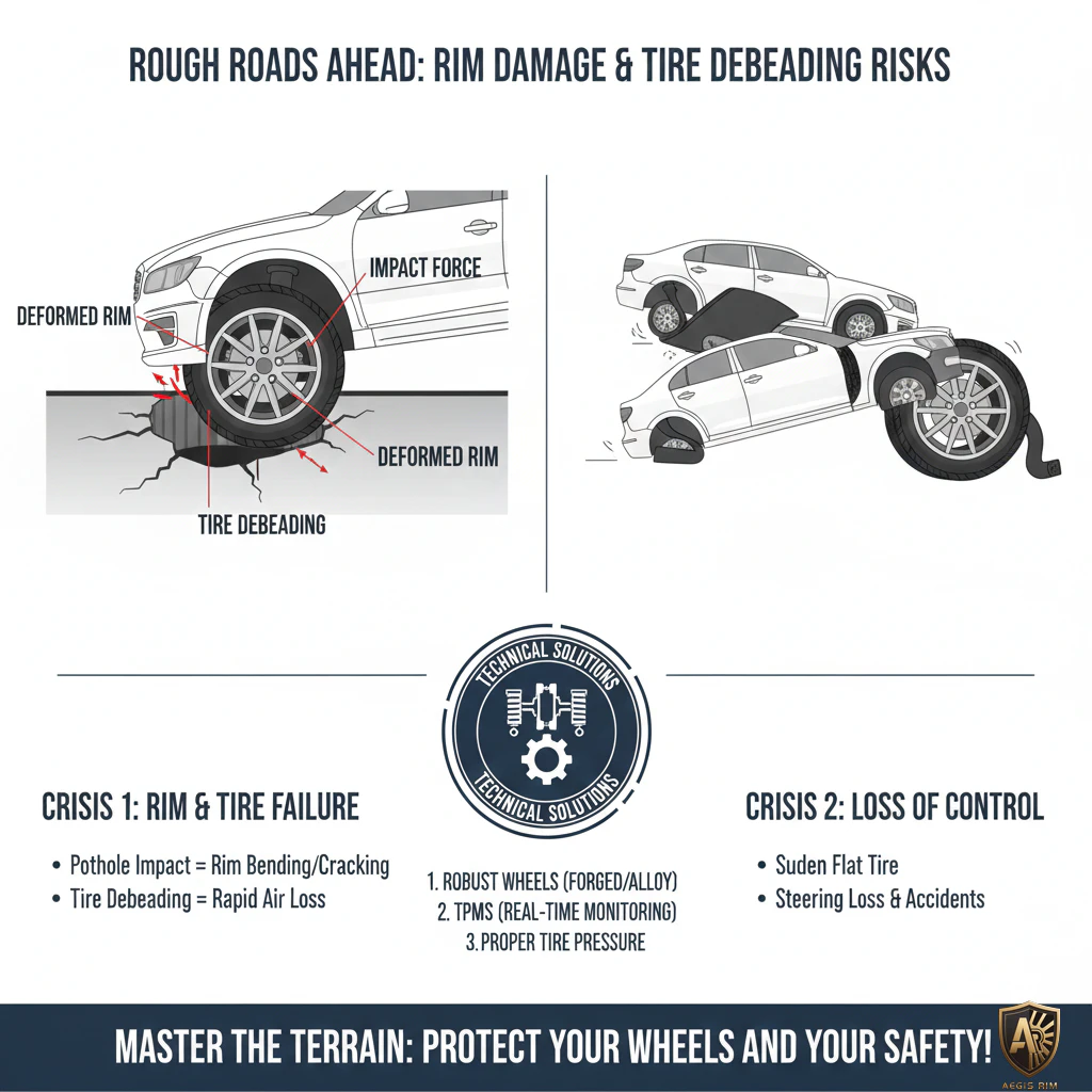 A diagram showing a car hitting a pothole, illustrating a deformed rim and tire debeading, with consequences like rapid air loss and loss of control.