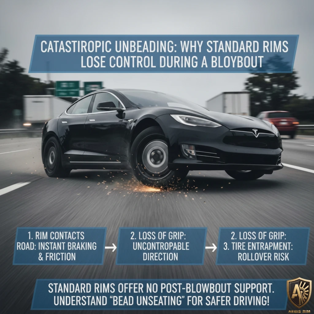 Infographic showing a Tesla Model S experiencing tire blowout, detailing catastrophic bead unseating and immediate loss of control on highway