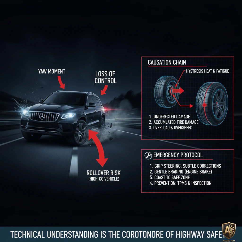 A dynamic image of a supercar experiencing yaw moment and loss of control during cornering, accompanied by an infographic explaining tire delamination causes and emergency protocols.