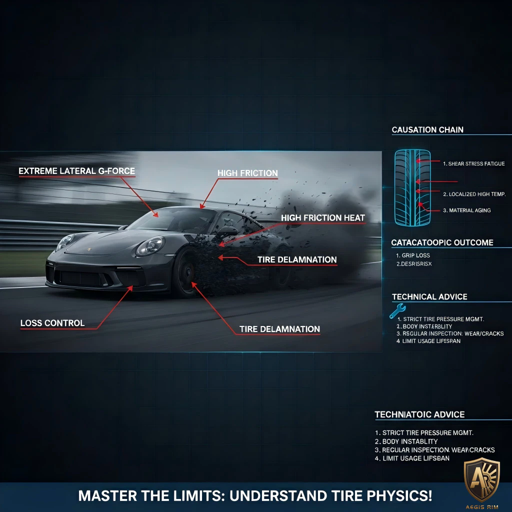 Sports car on racetrack experiencing tire delamination, illustrating effects of extreme lateral G-force and high friction