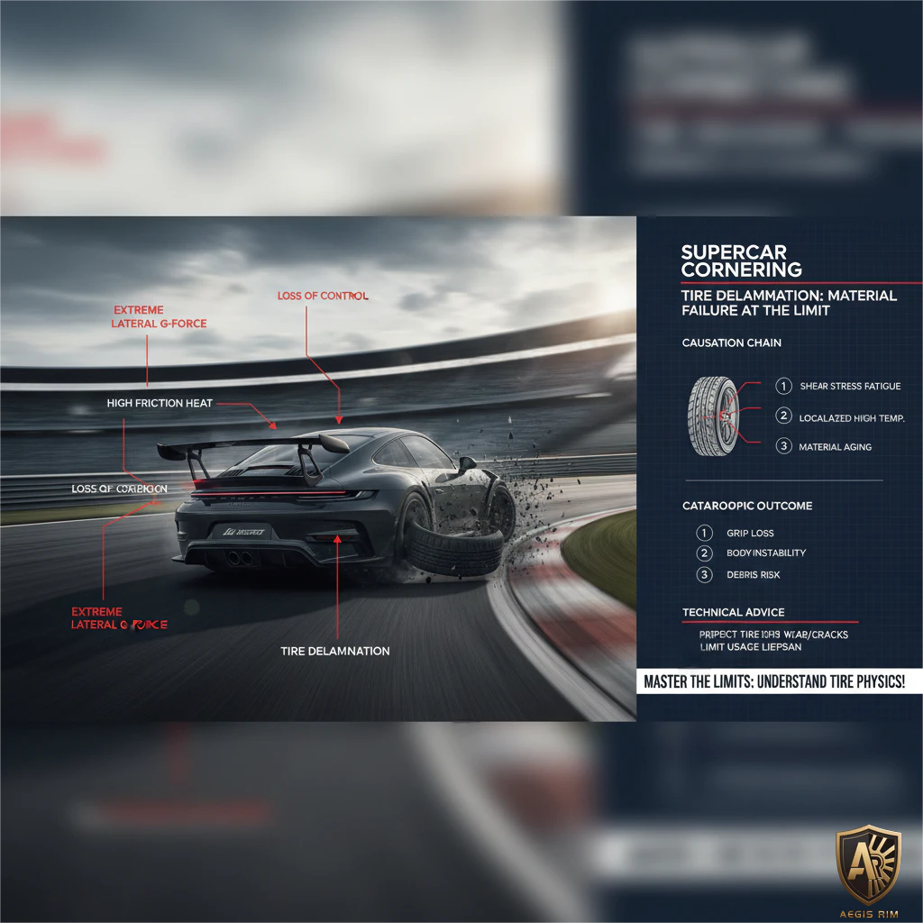 Supercar cornering, tire delamination explained with causes and outcomes, emphasizing tire physics and control loss