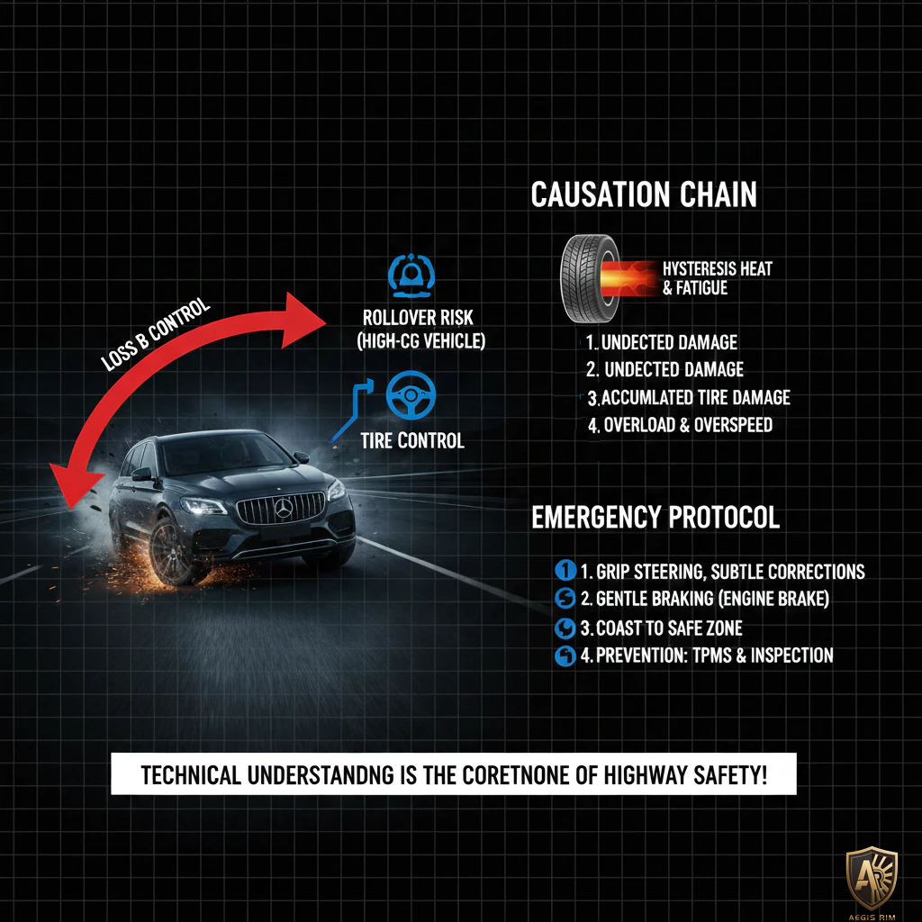 Supercar tire delamination causation chain showing extreme cornering forces and material failure