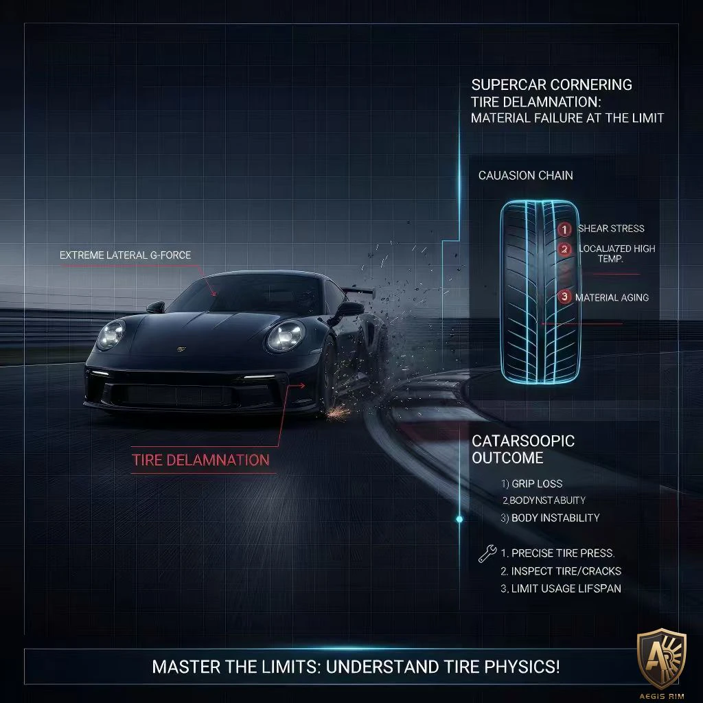 Supercar tire delamination under extreme lateral G-force, showing stress, temperature impact, and material aging.