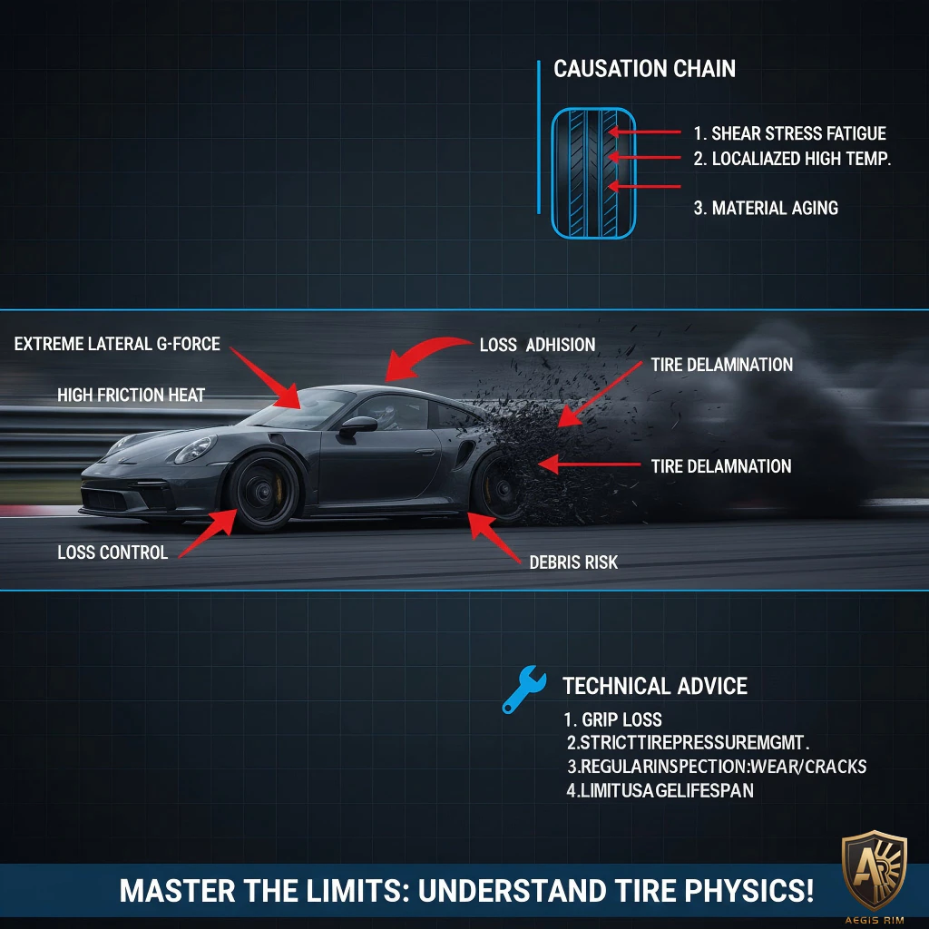 Car experiencing tire delamination with loss of adhesion and control due to stress, highlighting grip and maintenance tips
