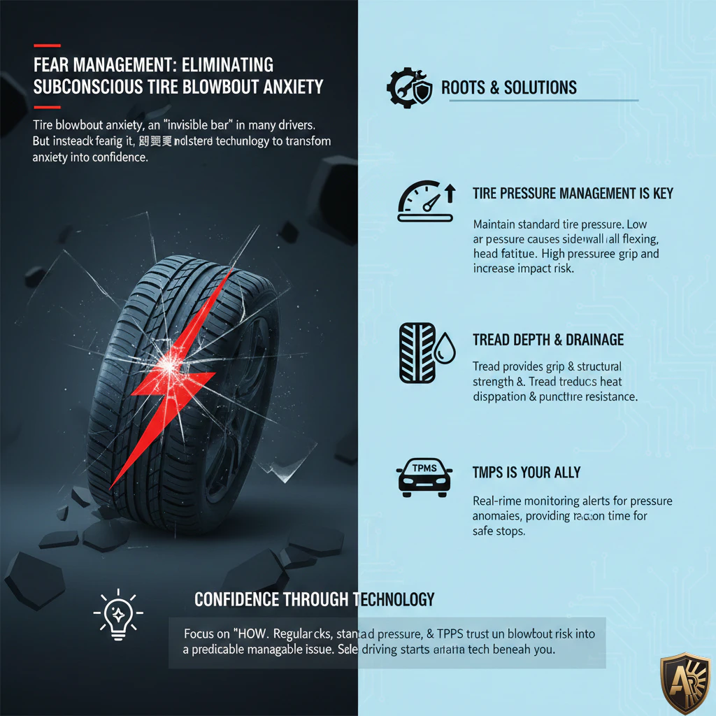 Infographic on tire management: strategies for reducing blowout anxiety with technology, tire pressure, and tread tips