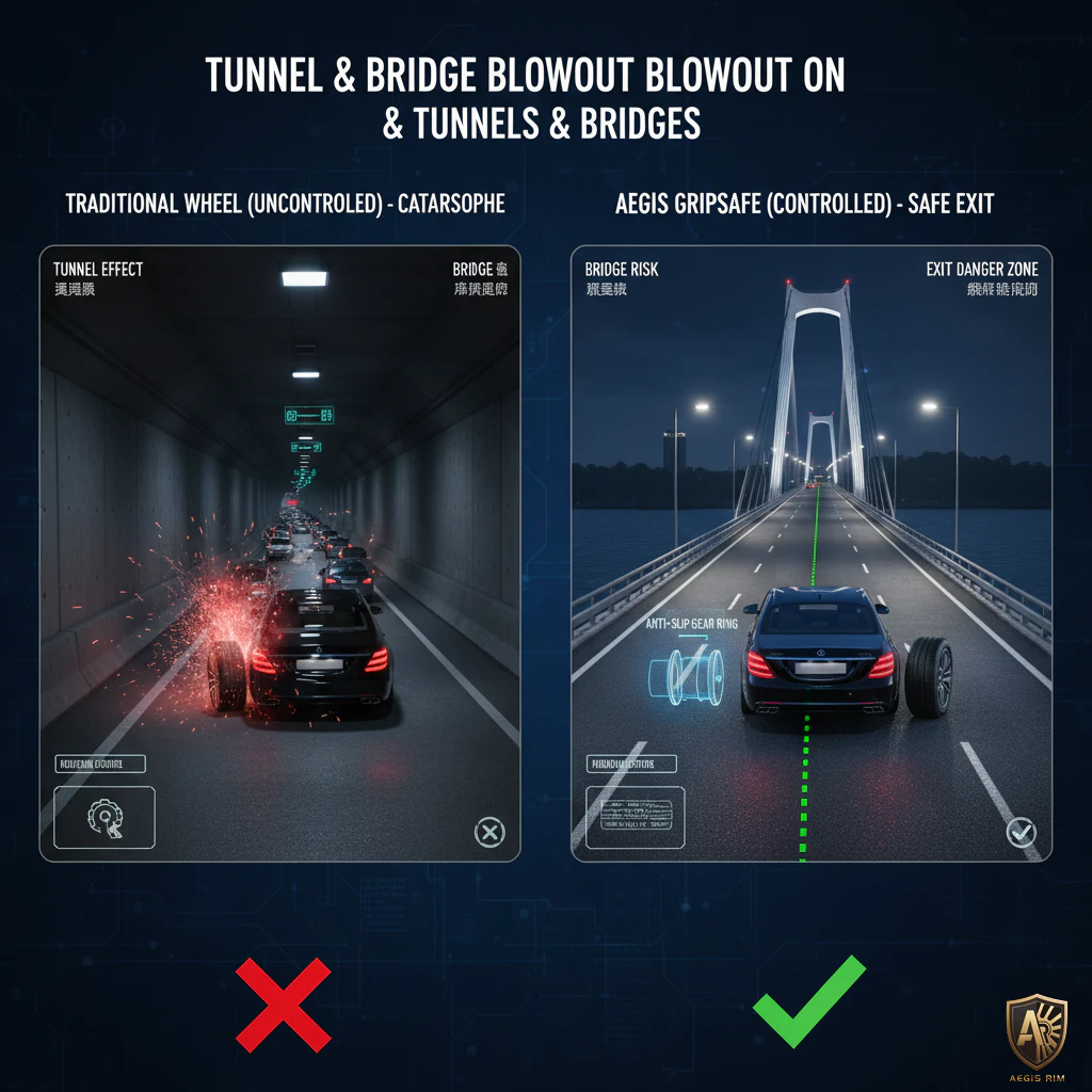 Tunnel and bridge aerodynamic and spatial effects influencing blowout survival dynamics