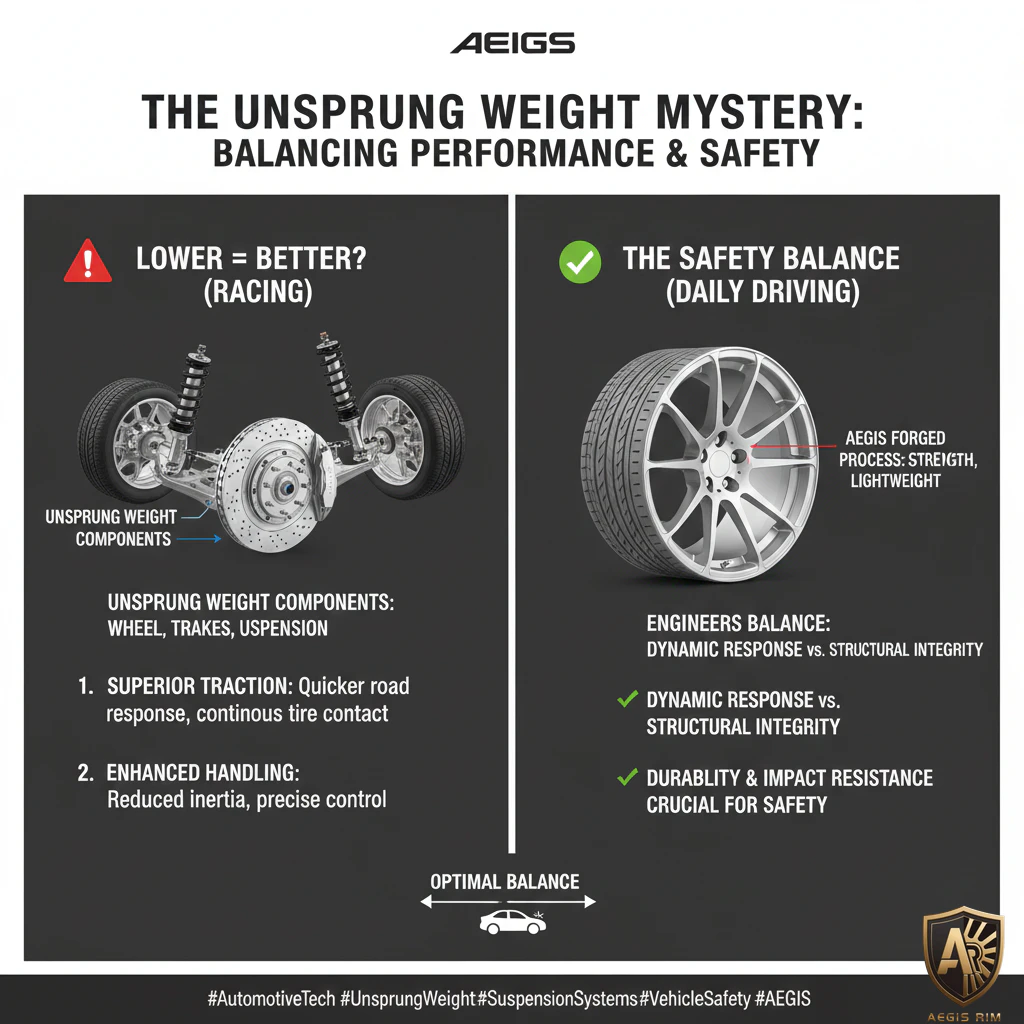 Visual explanation of how unsprung weight influences vehicle performance, safety, and balance