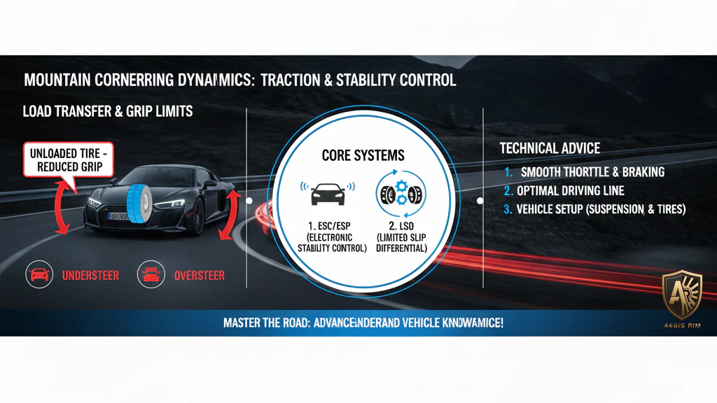 Technical illustration of mountain road cornering showing ESC, LSD, throttle control, driving line optimization, and vehicle setup