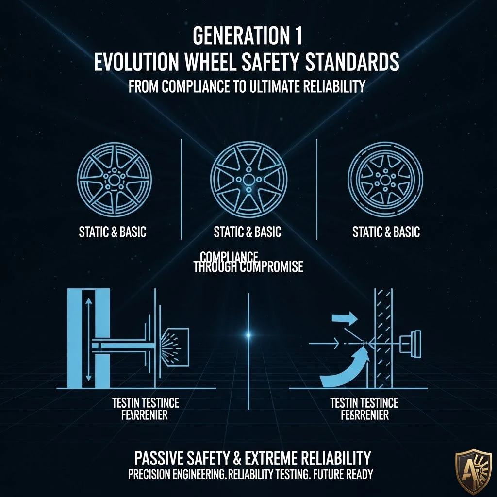 Three-panel visual showing evolution from Generation 1 static compliance through Generation 2 dynamic testing to Generation 3 real-world scenarios