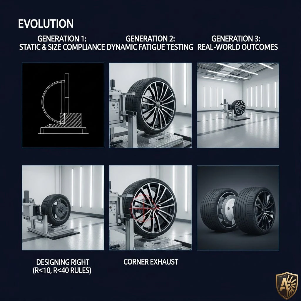 Comparison diagram showing Generation 1 static testing versus Generation 2 dynamic fatigue tests with cycle counts