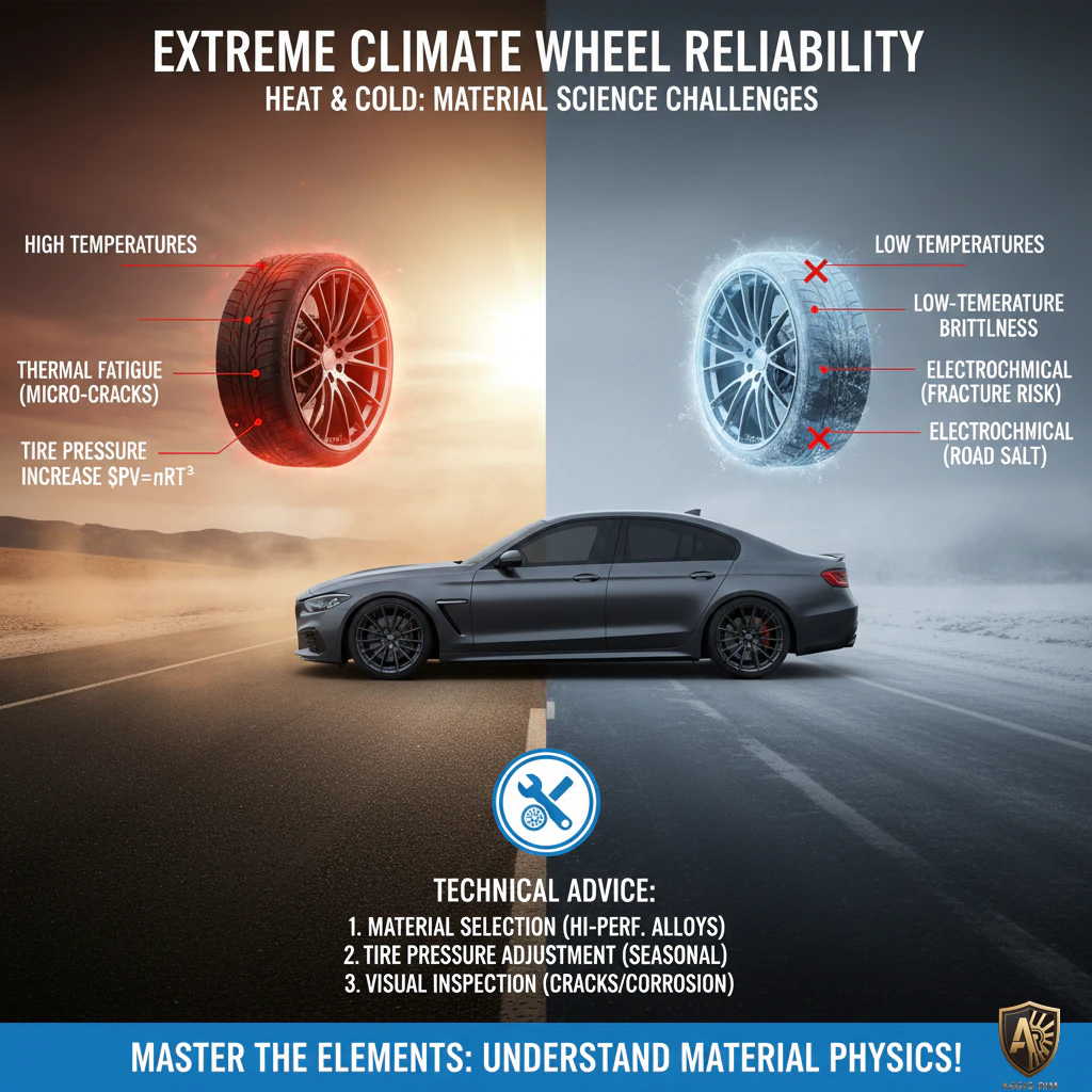 An infographic showing a car driving on a divided road composed of a scorching desert and an icy, snowy surface, with magnified views highlighting potential thermal fatigue and micro-cracks in the wheel (rim) under high temperatures, and low-temperature brittleness and electrochemical corrosion that may occur in cold temperatures.