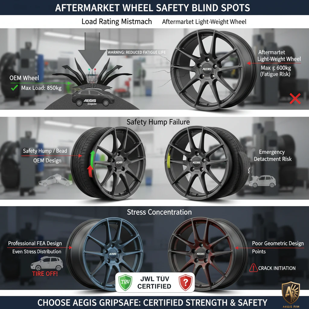 Diagram warning of reduced fatigue life due to load rating mismatch and the emergency detachment risk caused by Safety Hump failure in aftermarket lightweight wheels. Advises choosing AEGIS Gripsafe for certified strength.