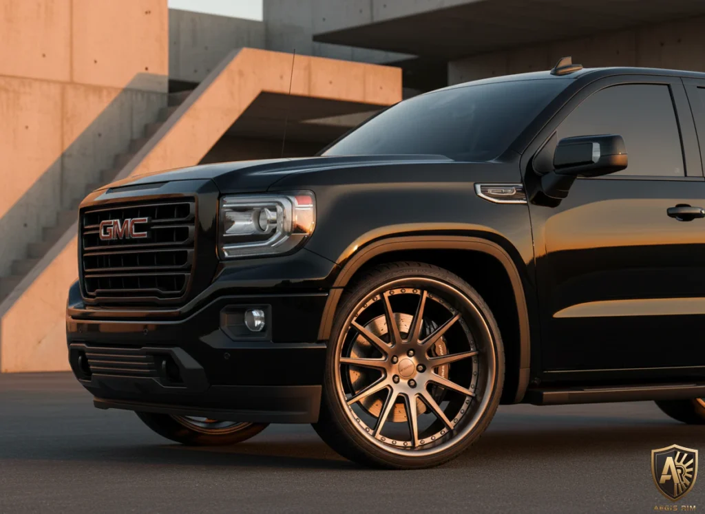 Close-up of a black GMC truck with stylish custom rims against a modern concrete backdrop.