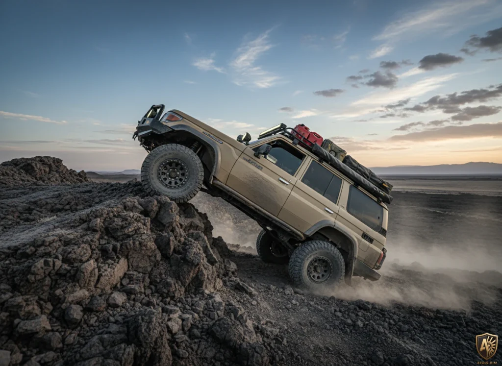 Off-road SUV climbing rocky terrain at sunset, showcasing adventure and rugged capability in remote landscapes.