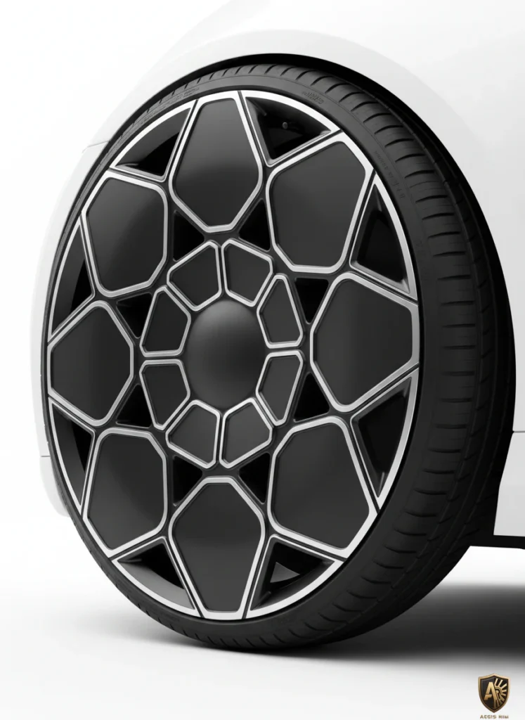 Stylish geometric alloy wheel design on a white car, showcasing intricate black and silver pattern.