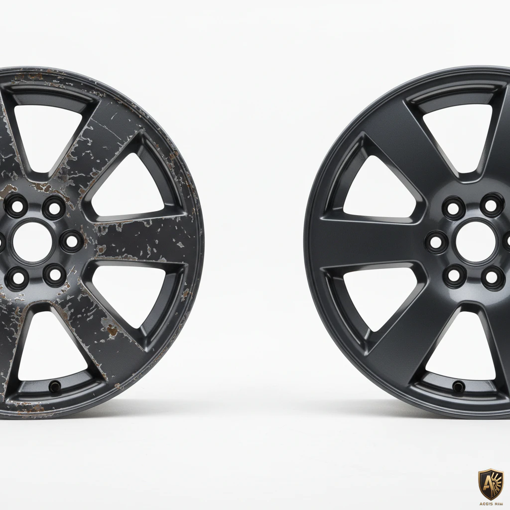 Side by side comparison of powder coated and painted off-road rims showing durability differences