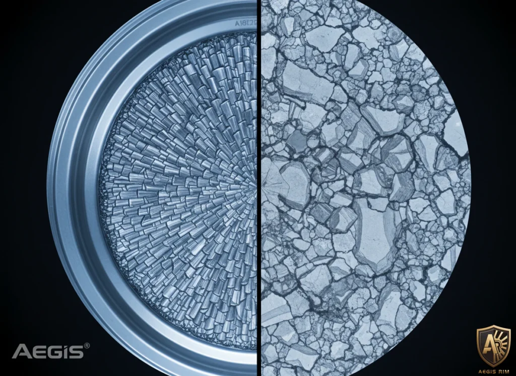 Microscopic comparison of the dense forged aluminum grain in Aegis wheels versus porous cast aluminum.