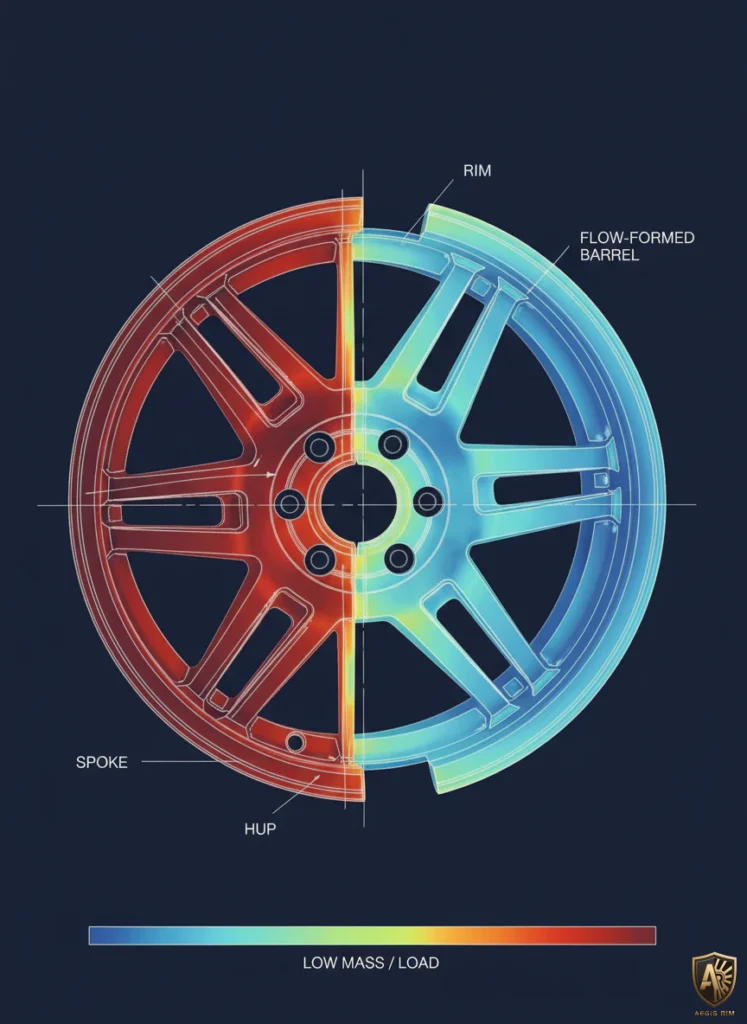Heat-mapped wheel diagram showing rim, spoke, and flow-formed barrel for low mass and load distribution analysis.