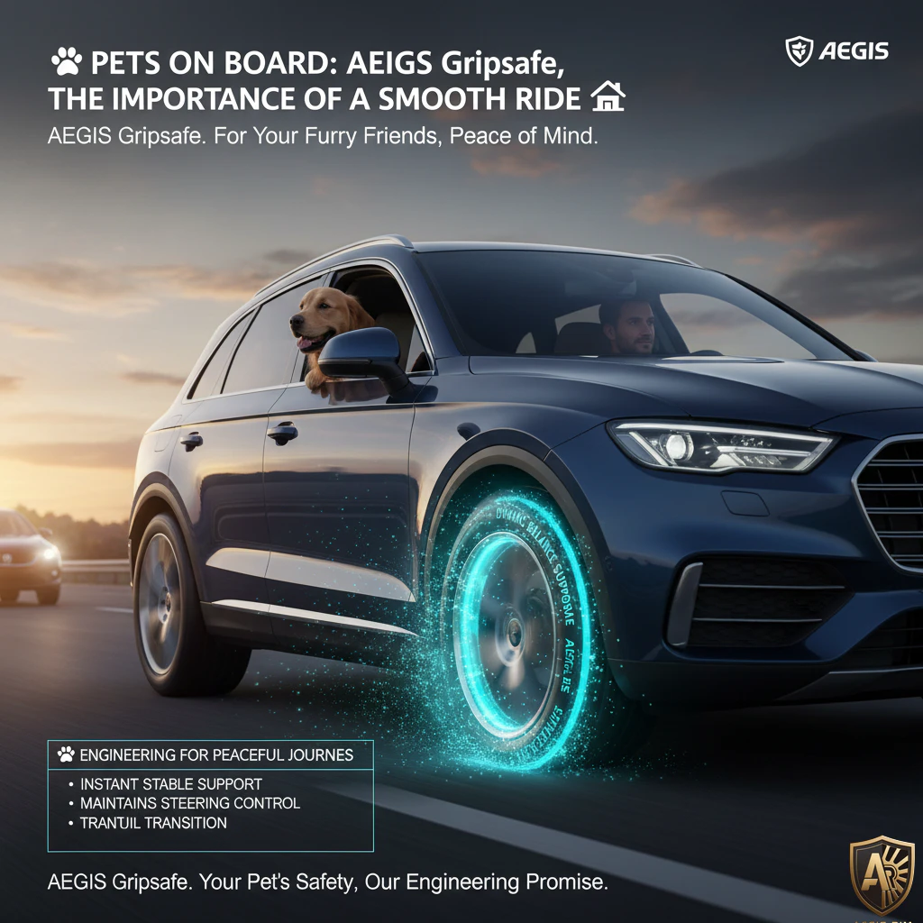 Car with AEGIS Gripsafe technology; dog enjoying safe, smooth ride. Ensures pet safety and driver control.