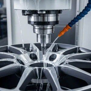 Multi-axis CNC machining in action—AEGIS RIM forged wheels shaped with precision, balance, and uncompromising detail. CNC machining of AEGIS RIM forged alloy wheel—illustrating multi-axis precision cutting and surface refinement for performance-grade rims.